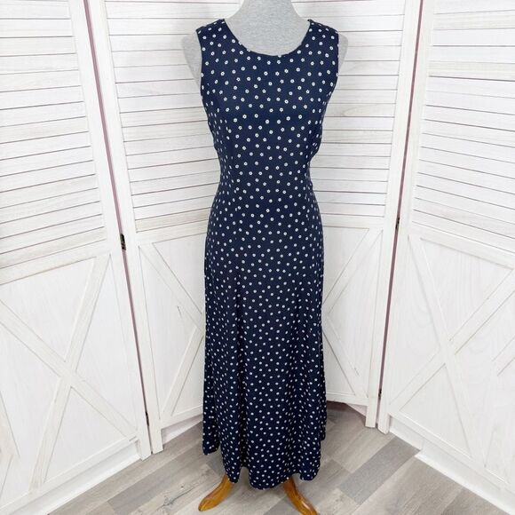 Vintage 90s Molly Malloy Ditsy Floral Sleeveless Tie Back Maxi Dress Blue Medium - Picture 1 of 13